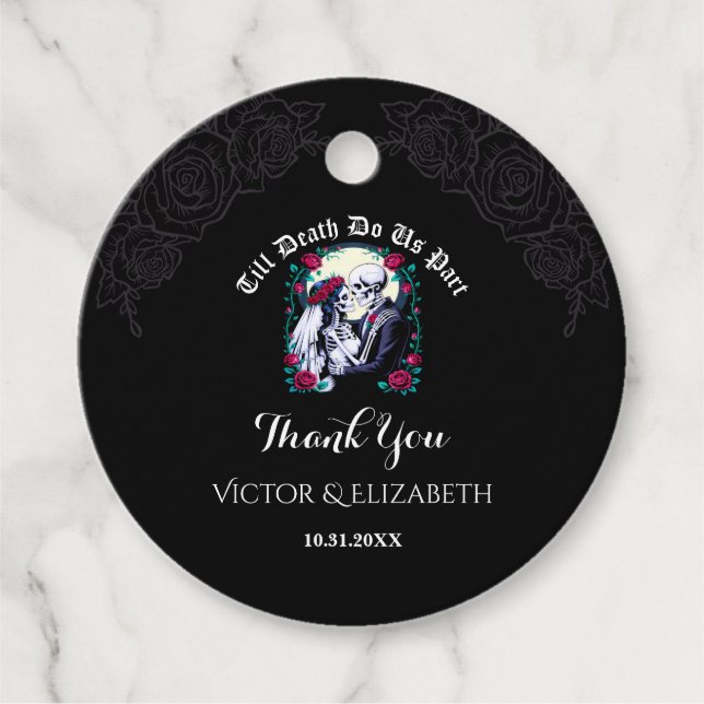 Étiquettes Cadeau Gothique jusqu'à la mort Squelette Rose Merci (Devant)