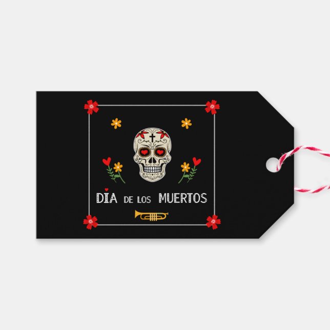 Étiquettes-cadeau Gothique noir Dia de los Muertos Sugar Skull Fleur (Devant (Horizontal))