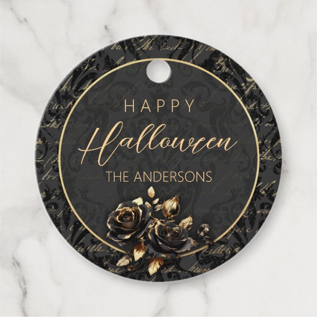 Étiquettes Cadeau Gothique noir or rose damask élégant Halloween (Devant)