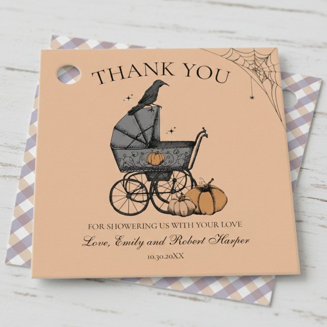 Étiquettes Cadeau Gothique Orange bébé transport Baby shower Merci (Vintage Baby Carriage Pumpkin  Black Raven Thank You Favor Tags. Gender Neutral Gothic Baby Shower)