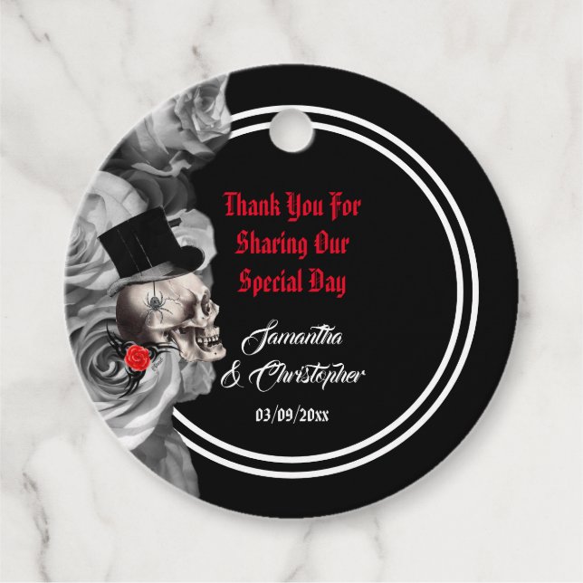 Étiquettes Cadeau Gothique skull biker ou rock noir mariage merci (Devant)