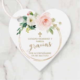 Étiquettes Cadeau Gracias Rose Blush Floral Bloom Gold Cross Bautizo