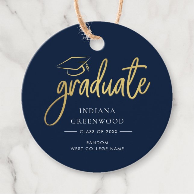 Étiquettes Cadeau Graduation 2025 Navy Blue Script Custom (Devant)