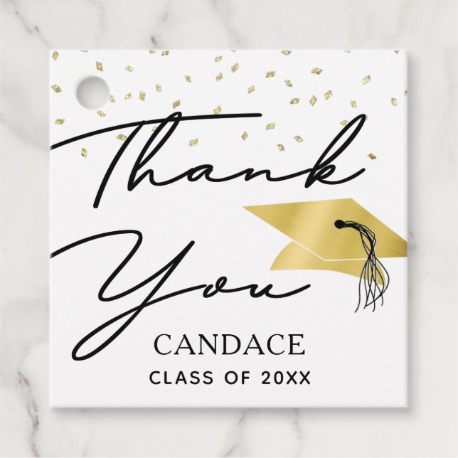 Étiquettes Cadeau Graduation Black Gold Script Confetti Merci (Devant)