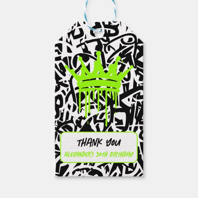 Étiquettes-cadeau Graffiti Couronne Vert Orange Merci Anniversaire (Devant)