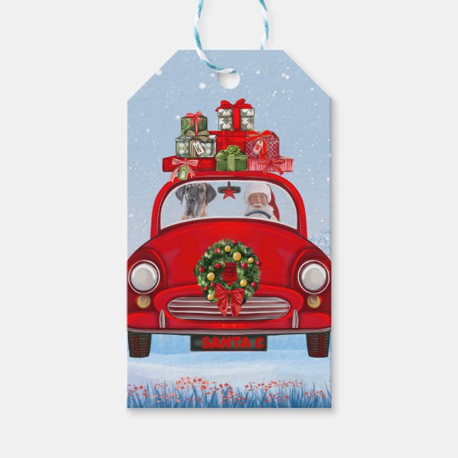 Étiquettes-cadeau Grand Chien Danois En Voiture Avec Le Père Noël (Devant)