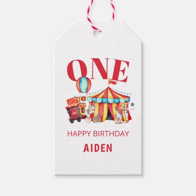 Étiquettes-cadeau Grand Top Carnaval de cirque 1er anniversaire (Devant)