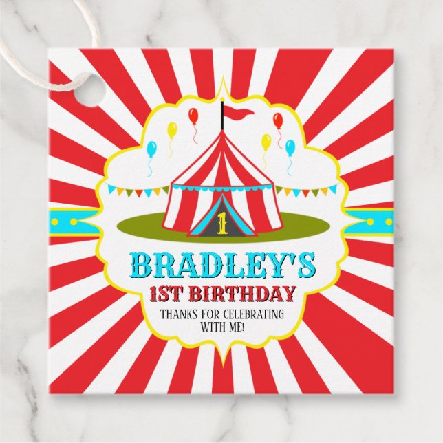 Étiquettes Cadeau Grand Top Carnaval de cirque 1er anniversaire (Devant)