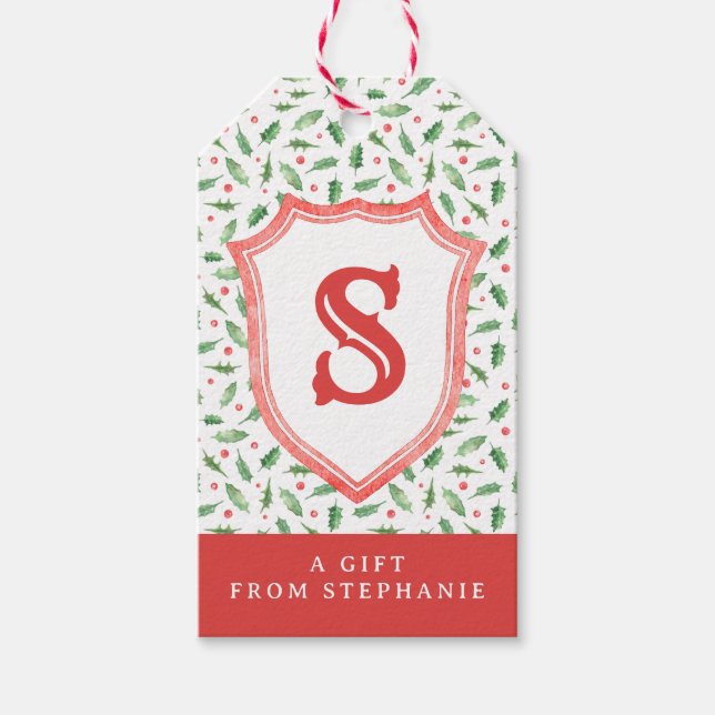 Étiquettes-cadeau Grandmillennial Preppy Holly Monogram Crest (Devant)