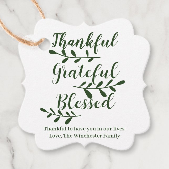 Étiquettes Cadeau Grateful Bienheureux script vert foncé personnalis (Devant)