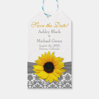 Étiquettes-cadeau Gray Damask Mariage de tournesol jaune Enregistrer