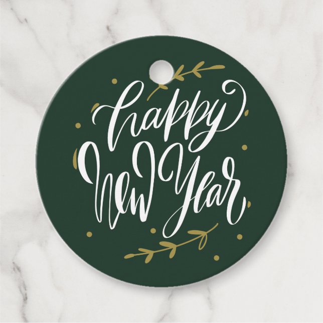 Étiquettes Cadeau Green and Gold Happy New Year Calligraphy Wreath (Devant)