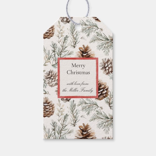 Étiquettes-cadeau Green Cream Christmas Pine Cones Red Border (Devant)