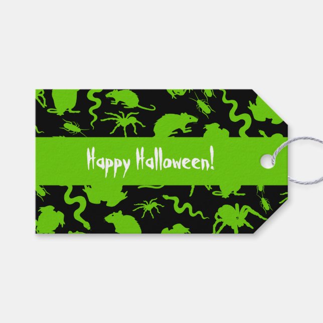 Étiquettes-cadeau Green Déplaisant Crawly Happy Rats Halloween Motif (Devant (Horizontal))