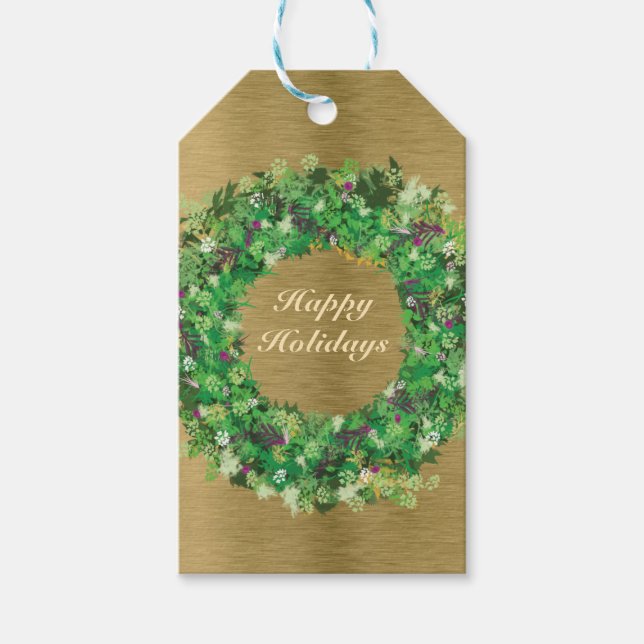 Étiquettes-cadeau Green et Gold Holiday Wreath (Devant)