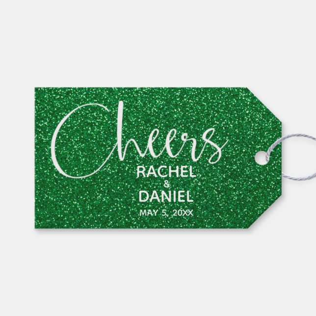 Étiquettes-cadeau Green Faux Parties scintillant Mariage Faveur (Devant (Horizontal))