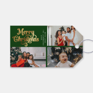 Étiquettes-cadeau Green & Gold Joyeux Noël Famille de photos Collage