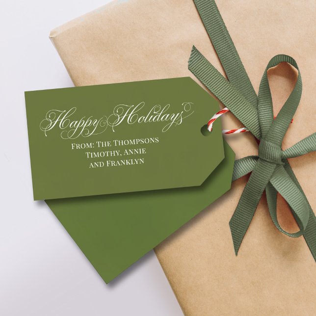Étiquettes-cadeau Green Happy Holidays Calligraphie Script personnal (Happy Holidays calligraphy script gift tag. )