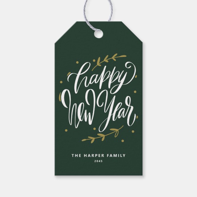 Étiquettes-cadeau Green Happy New Year Modern Calligraphy Wreath (Devant)