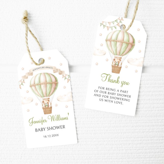 Étiquettes-cadeau Green Hot Air Balloon Teddy Baby shower merci (Créateur téléchargé)