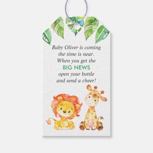 Étiquettes-cadeau Green Jungle Animaux Baby shower Mini bouteille Fa (Devant)