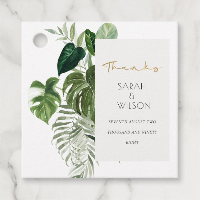 Étiquettes Cadeau Green Leafy Palm Tropical Foliage Mariage Merci (Devant)