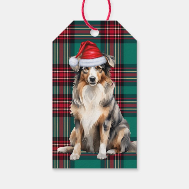 Étiquettes-cadeau Green Plaid et Australian Shepherd Christmas Dog (Devant)