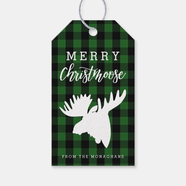 Étiquettes-cadeau Green Plaid Joyeux Christmoose (Devant)