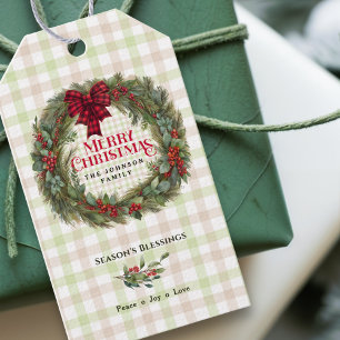 Étiquettes-cadeau Green Red Plaid Rustique Farmhouse Fer Noël Wreath