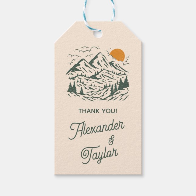 Étiquettes-cadeau Green Retro Vintage Mountain Mariage paysager (Devant)