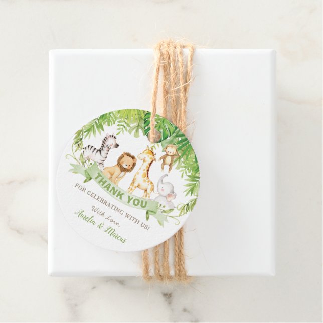Étiquettes Cadeau Green Safari Jungle Animaux Baby shower Anniversai (En situation)
