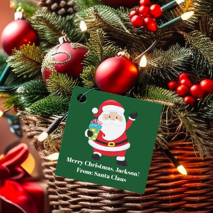 Étiquettes Cadeau Green Santa Claus Personnalisé Enfants Noël