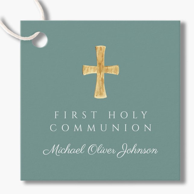 Étiquettes Cadeau Green Script Cross Boy First Communion (Green Script Cross Boy First Communion Favor Tags)