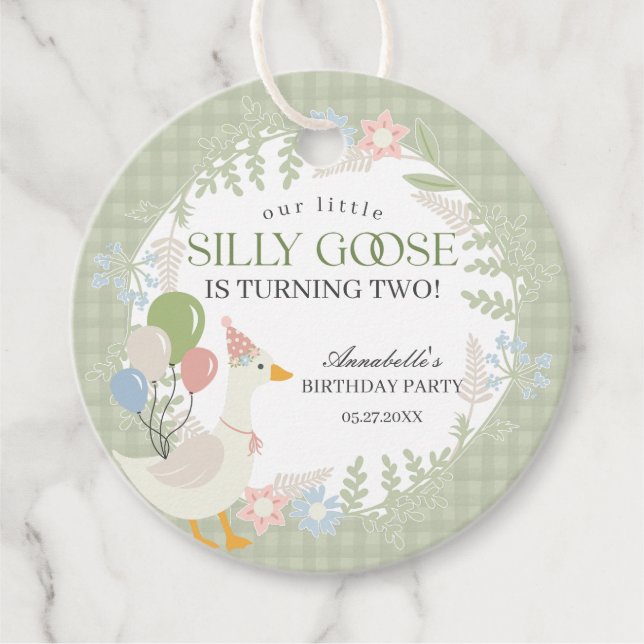 Étiquettes Cadeau Green Silly Goose Floral En vichy fête d'anniversa (Devant)
