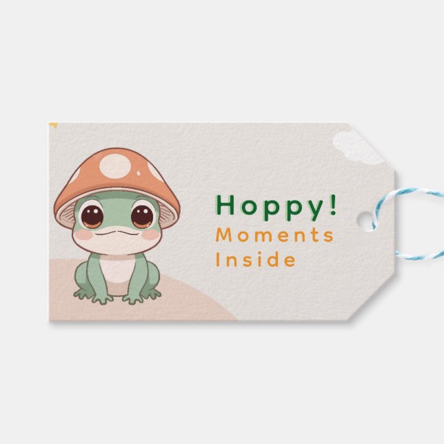 Étiquettes-cadeau Grenouille Kawaii avec Casquette de champignons -  (Devant (Horizontal))