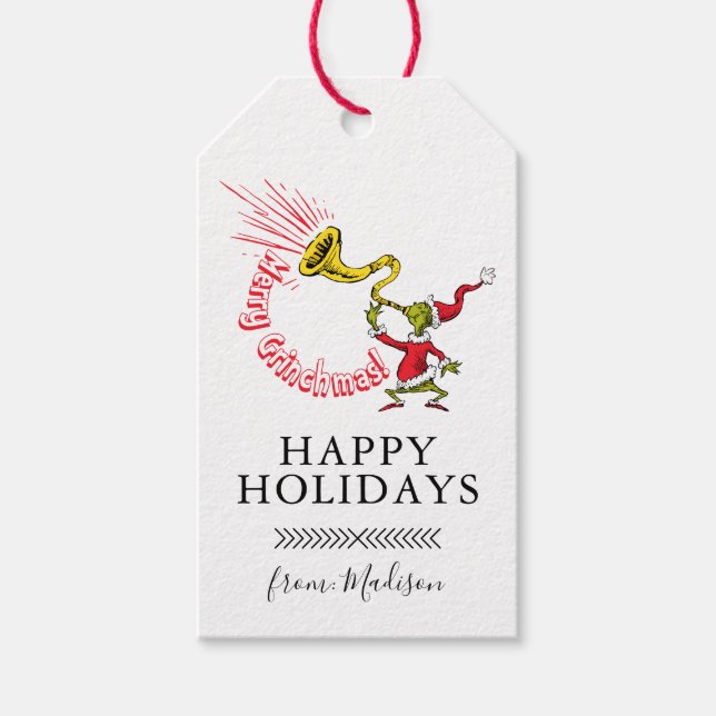 Étiquettes-cadeau Grinch Blowing the Merry Grinchmas Horn (Devant)