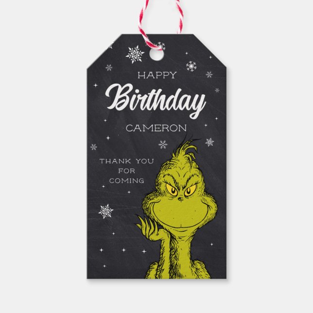 Étiquettes-cadeau Grinch Chalkboard Anniversaire Favoriser (Devant)
