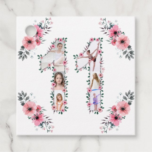 Étiquettes Cadeau Gros 11e anniversaire fille photo Collage Fleur ro (Devant)