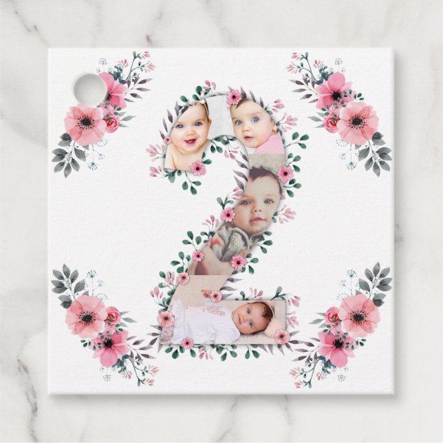 Étiquettes Cadeau Gros 2e anniversaire fille photo Collage Fleur ros (Devant)