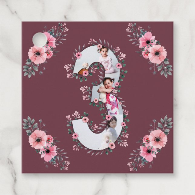 Étiquettes Cadeau Gros 3ème anniversaire fille photo Collage Fleur r (Devant)