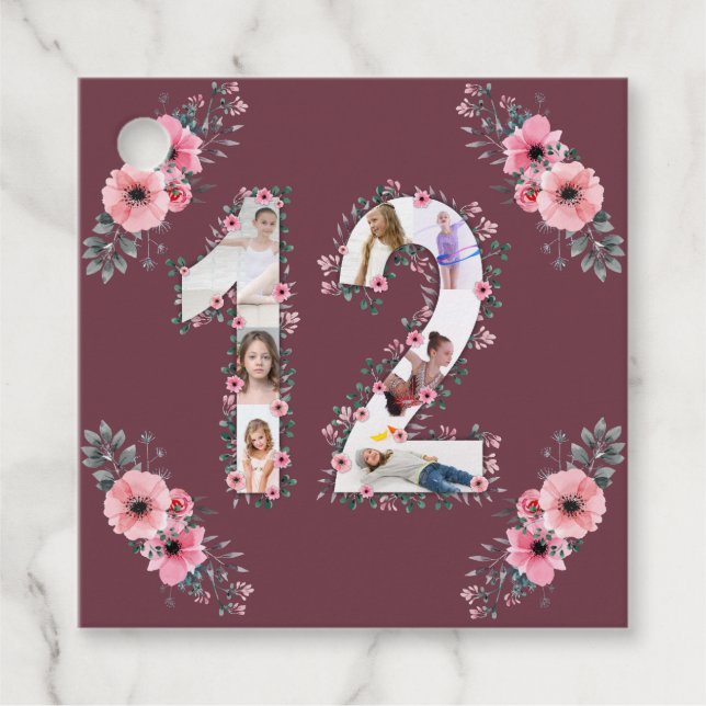 Étiquettes Cadeau Grosse 12ème fille Anniversaire Photo Collage Fleu (Devant)