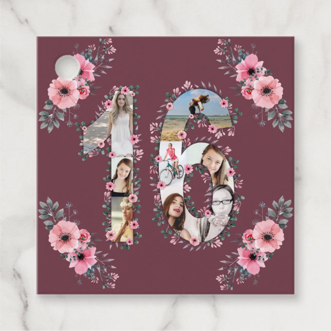 Étiquettes Cadeau Grosse 16ème fille Anniversaire Photo Collage Fleu (Devant)