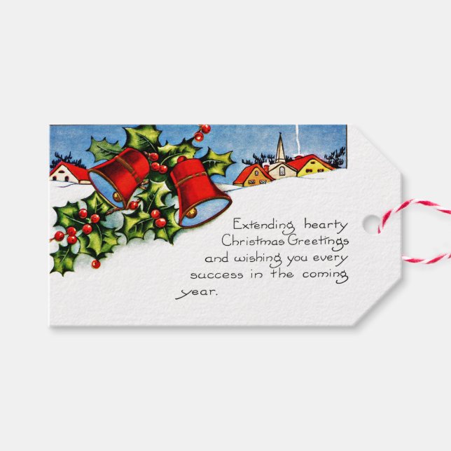 Étiquettes-cadeau Gui de Noël vintage et cloches (Devant (Horizontal))