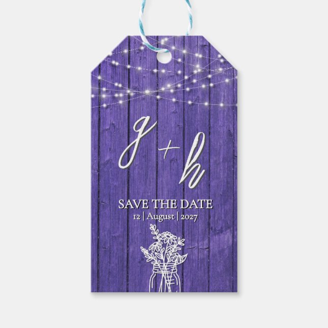 Étiquettes-cadeau Guirlande lumineuse en bois rustique violet Bohème (Devant)