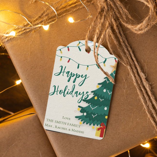Étiquettes-cadeau Guirlande lumineuse Joyeuses Fêtes Arbre Joli Noël (Happy Holidays String Lights Tree Cute Christmas Gift Tags)