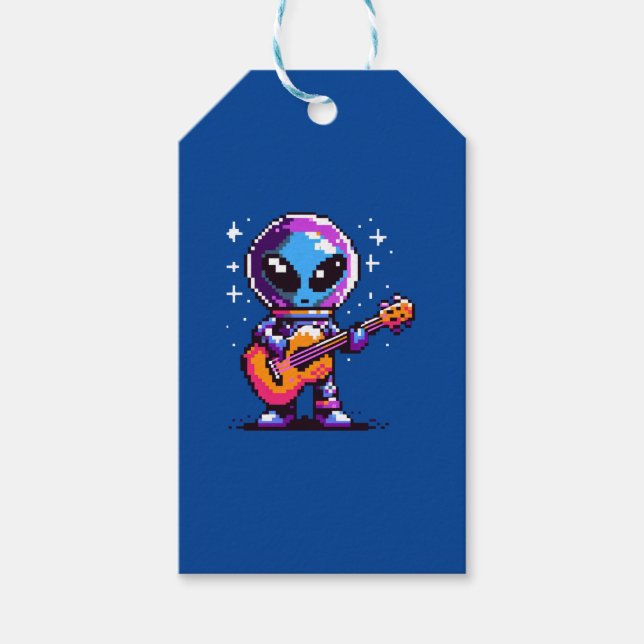 Étiquettes-cadeau Guitariste Alien 8 bits - Musique spatiale Pixel R (Devant)