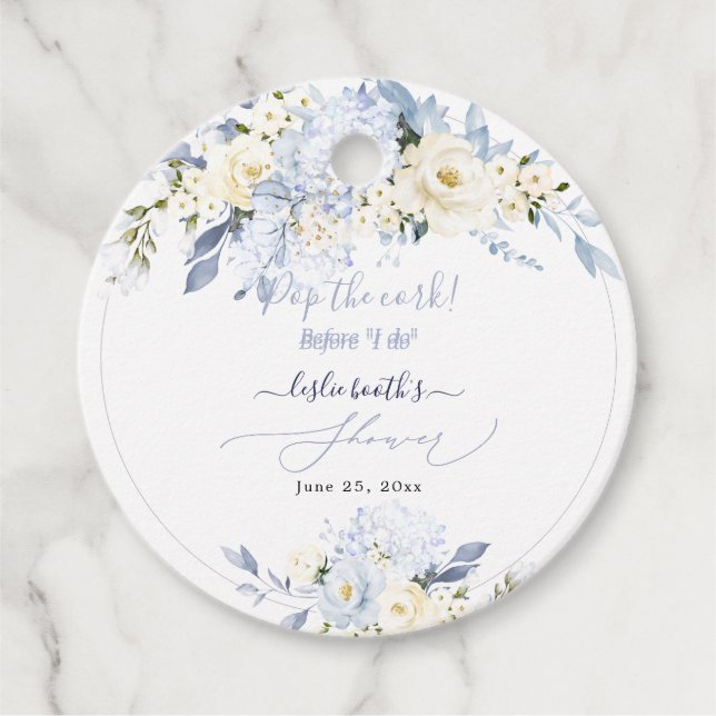 Étiquettes Cadeau H2 Hydrangea Bleu Roses Crème Shower de Mariée (Devant)