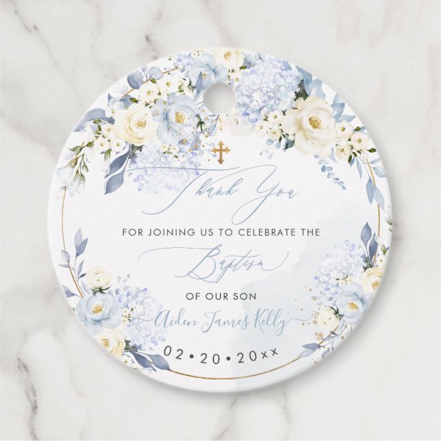 Étiquettes Cadeau H2 Hydrangeas Roses Baptême  Merci (Devant)