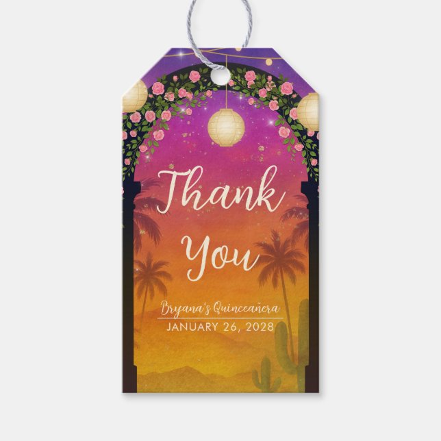 Étiquettes-cadeau Hacienda Arc floral couché de soleil Quinceañera (Devant)