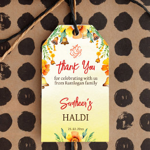 Étiquettes-cadeau Haldi marigolds cloches mariage indien merci